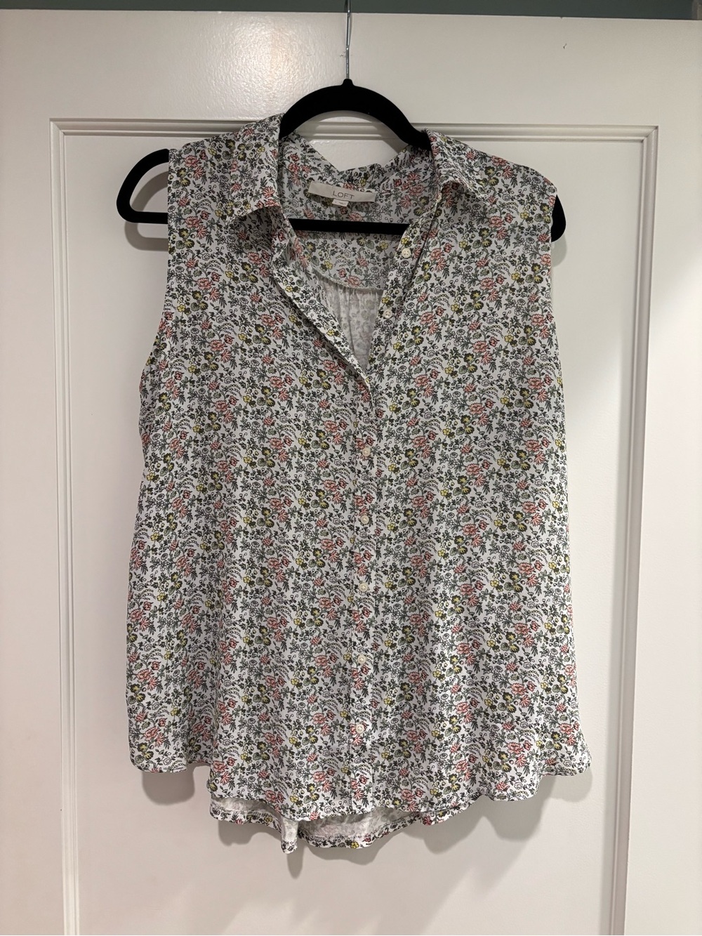 LOFT White Sleeveless Floral Button-Down Top with Pink and Green Accents
